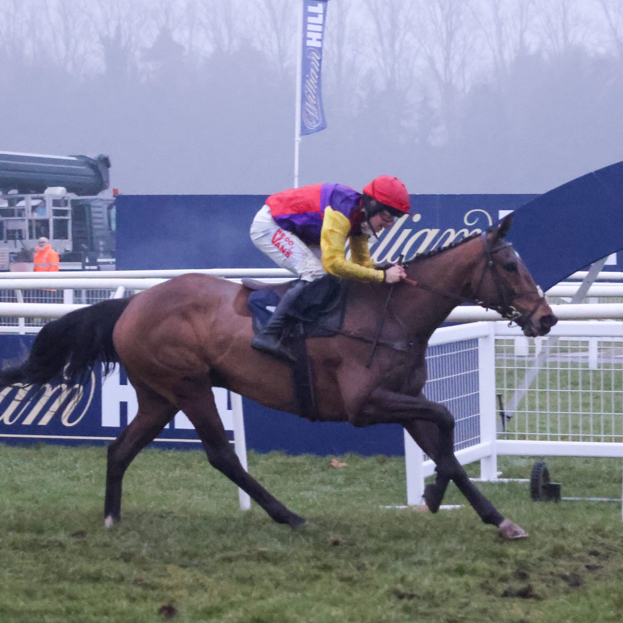 Horse racing action at a UK jumps racecourse in winter
